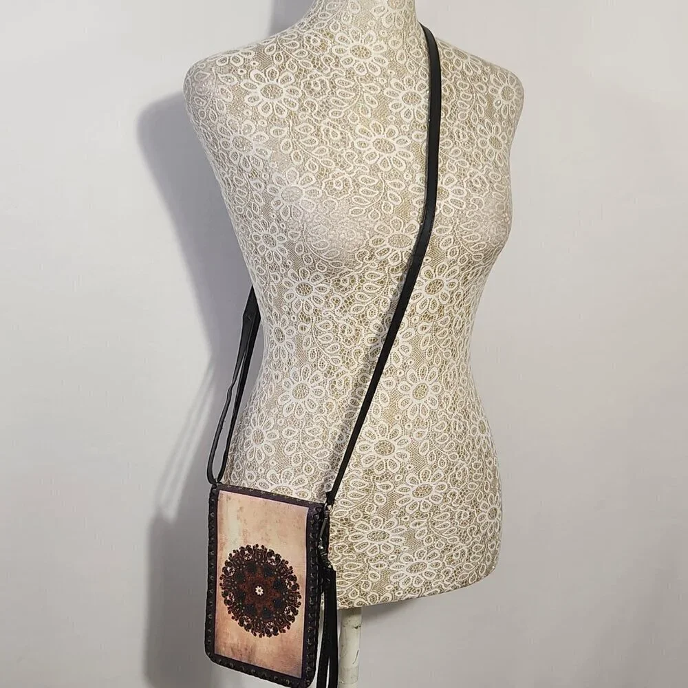 Women's Mandala Print Small Snap Close Vegan Leather Crossbody Cell Phone Bag
